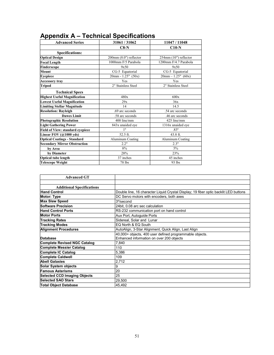 Appendix a – technical specifications | Celestron Advanced Series C8-N User Manual | Page 51 / 71