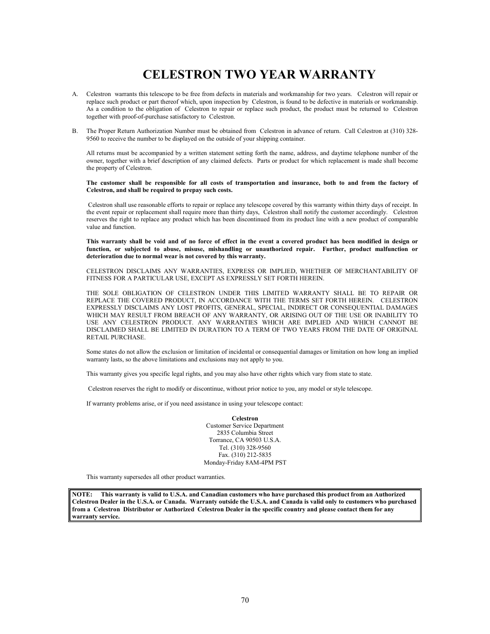 Celestron two year warranty | Celestron Advanced Series C8-N User Manual | Page 70 / 71