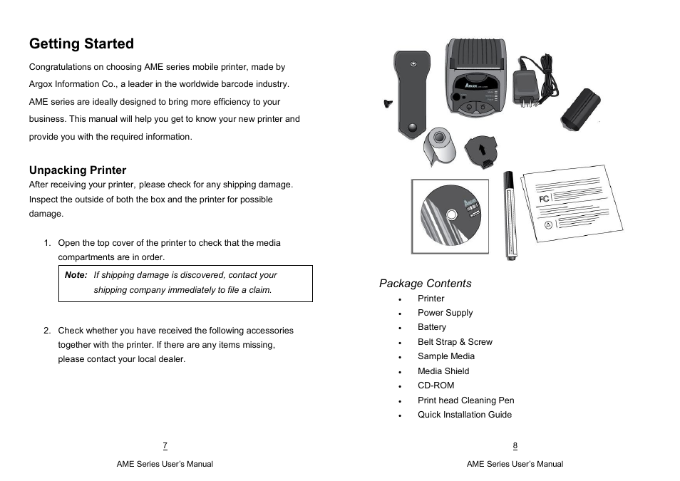 Getting started, Unpacking printer, Package contents | Argox AME-3230 Series User Manual | Page 4 / 23
