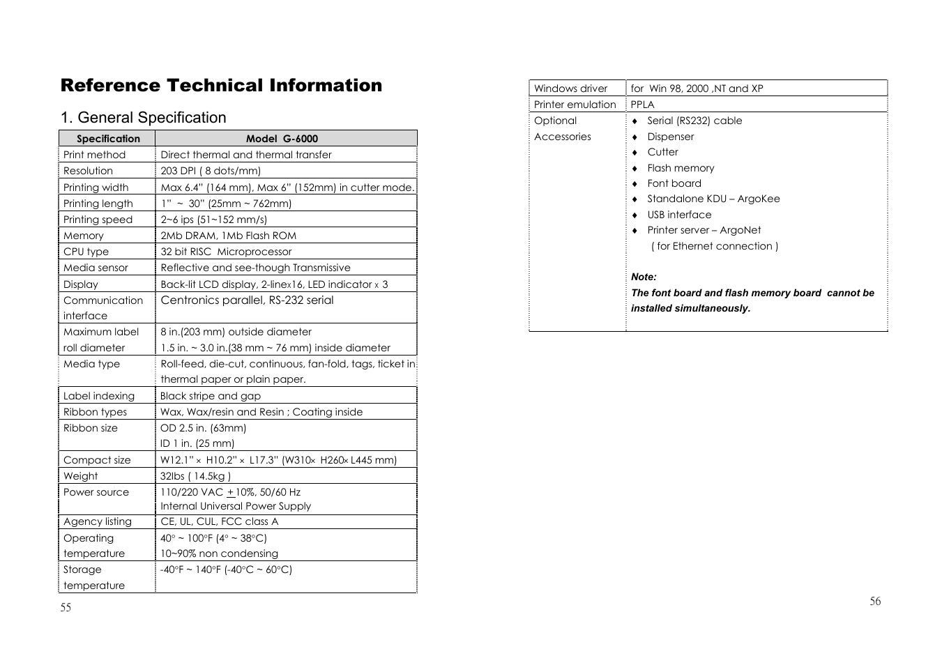 Reference technical information, General specification | Argox G-6000 User Manual | Page 28 / 36