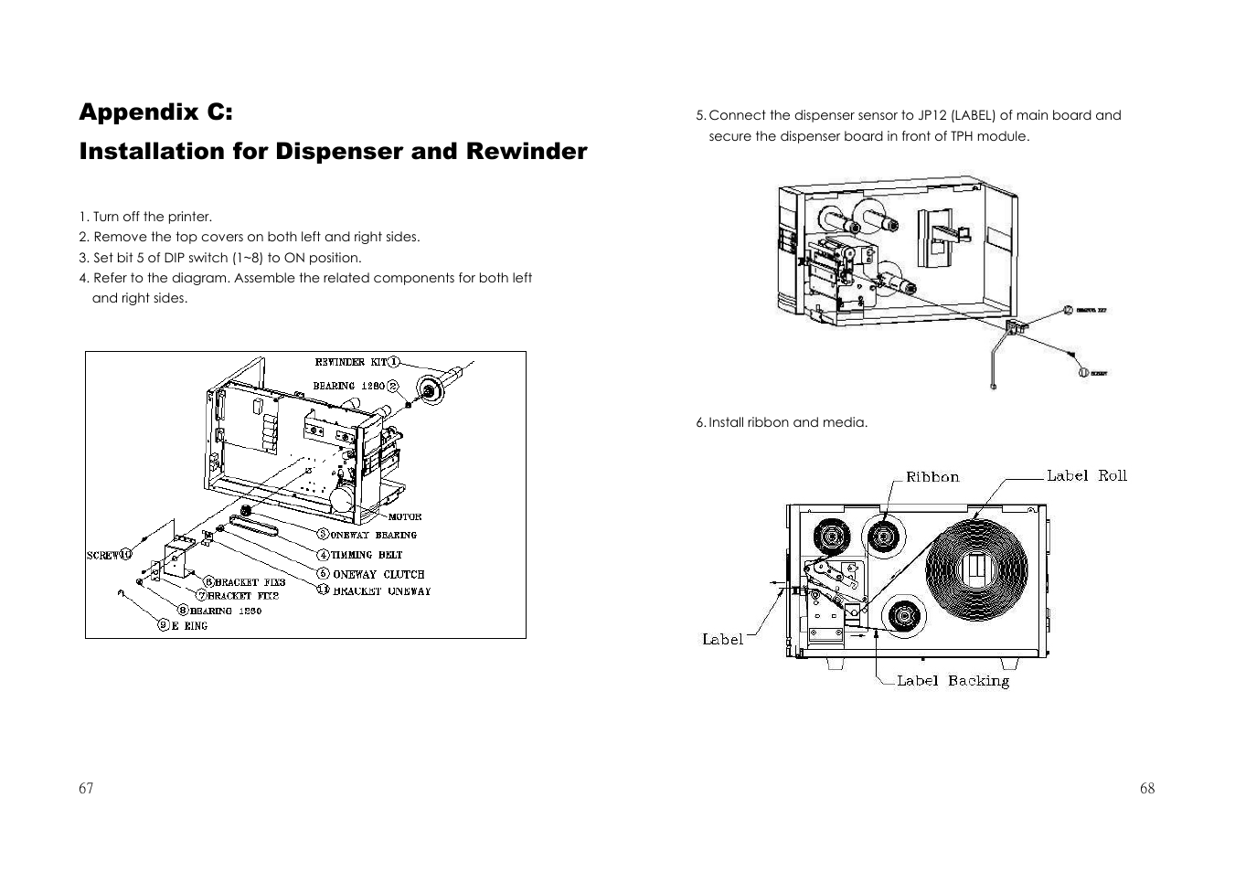 Appendix c, Installation for, Dispenser and rewinder | Argox G-6000 User Manual | Page 34 / 36