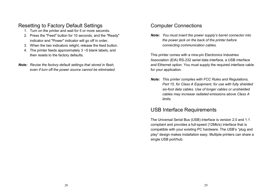 Resetting to factory default settings, Usb interface requirements, Computer connections | Argox OS Series User Manual | Page 15 / 43
