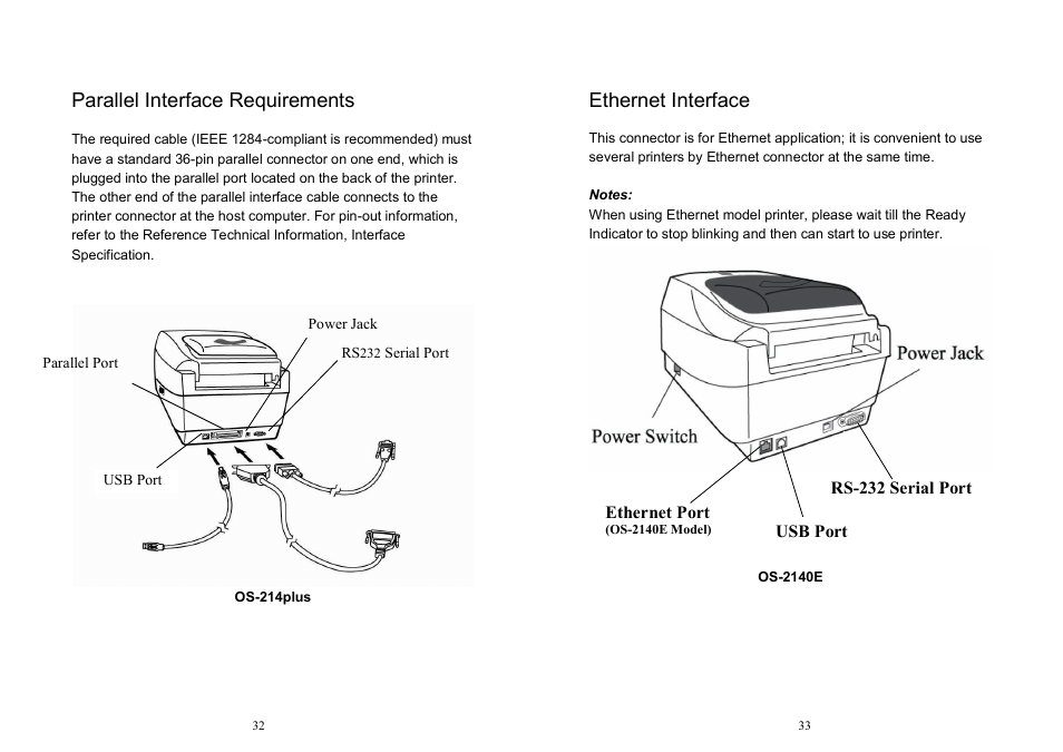 Parallel interface requirements, Ethernet interface | Argox OS Series User Manual | Page 17 / 43