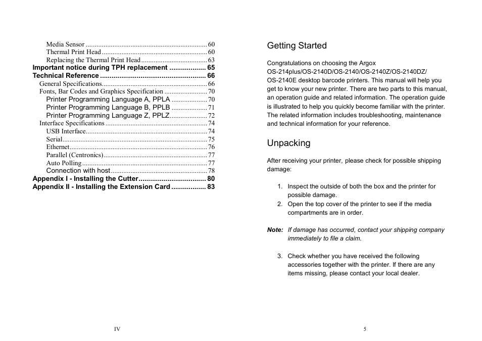Unpacking, Getting started | Argox OS Series User Manual | Page 3 / 43