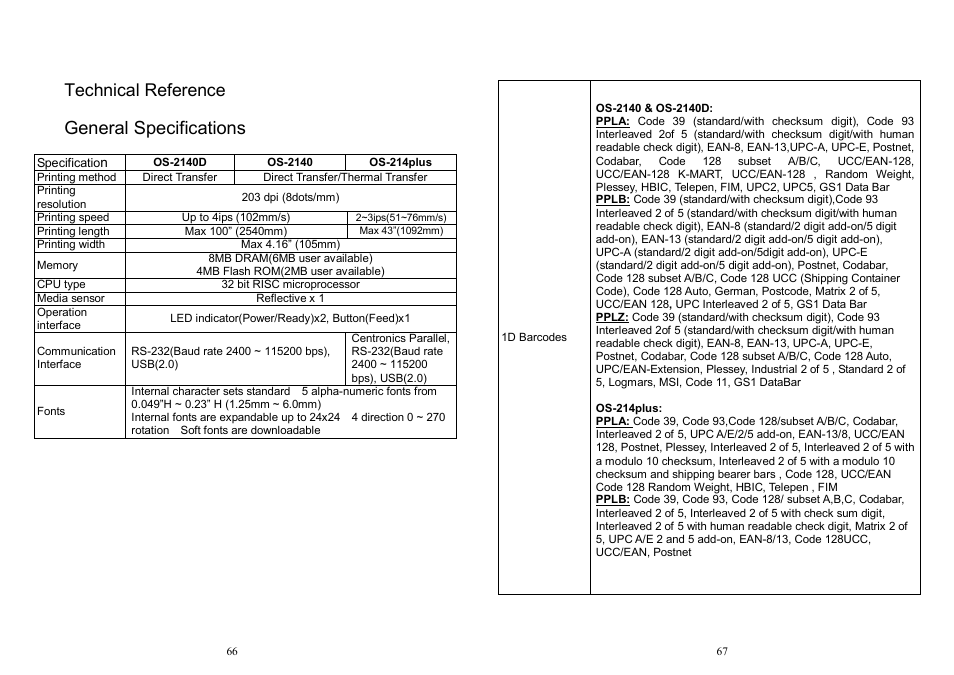 General specifications, Technical reference | Argox OS Series User Manual | Page 34 / 43