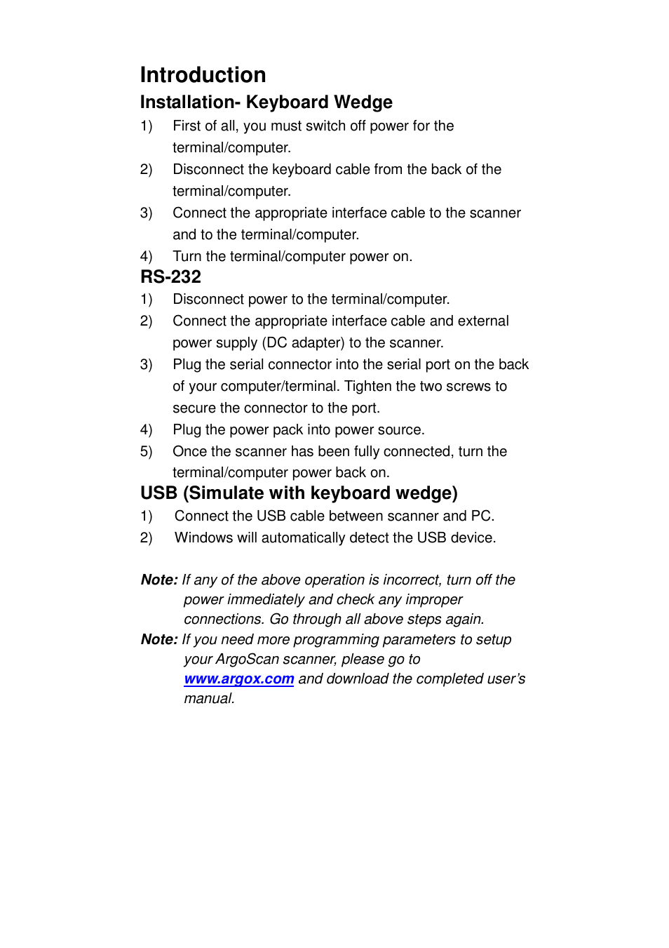 All scanner qig pn 49-81102-001.pdf, Introduction, Installation- keyboard wedge | Rs-232, Usb (simulate with keyboard wedge) | Argox AS Series Quick Start User Manual | Page 3 / 33