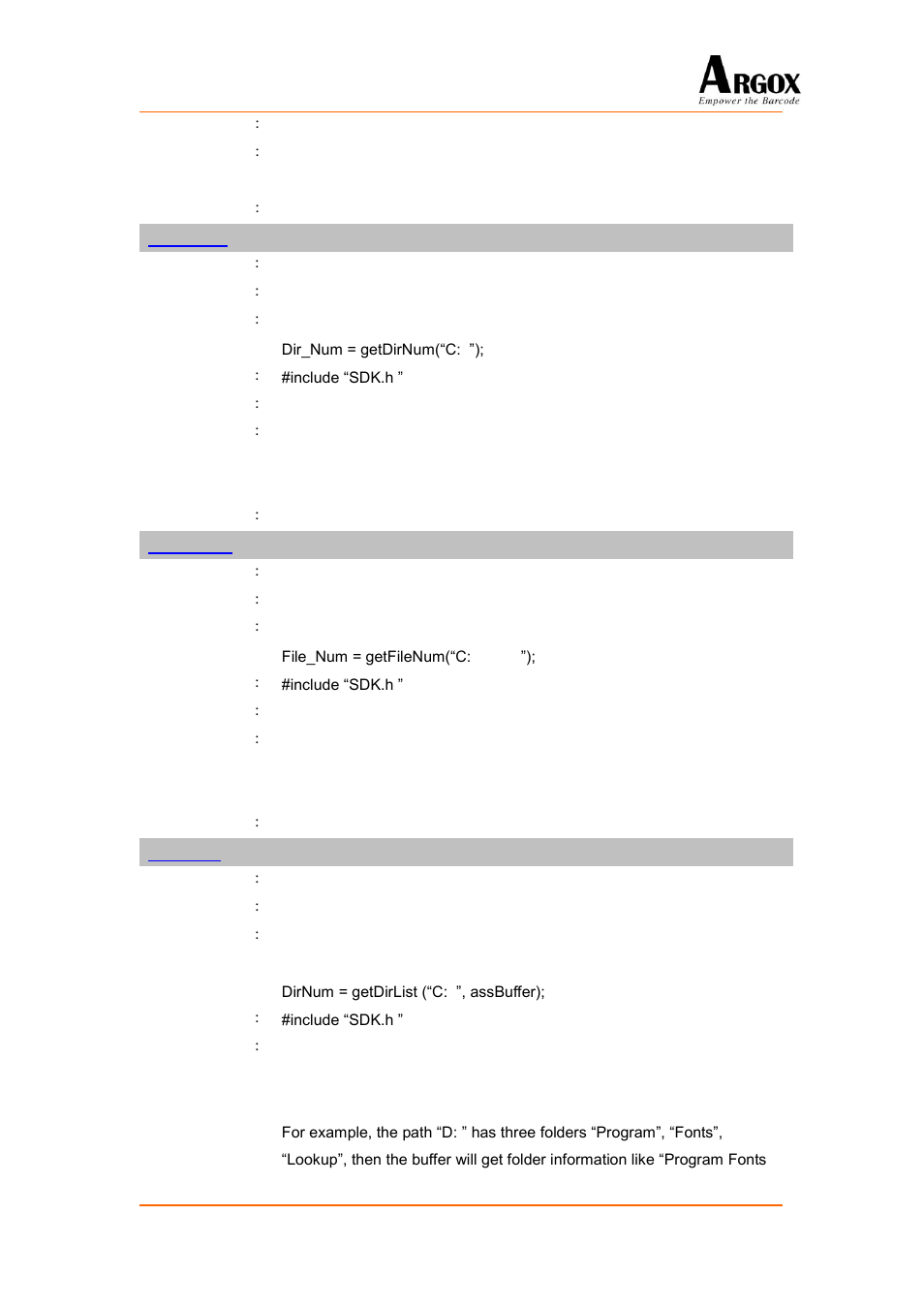 Getdirnum, Getfilenum, Getdirlist | Argox PA-20 Programming Guide User Manual | Page 51 / 130