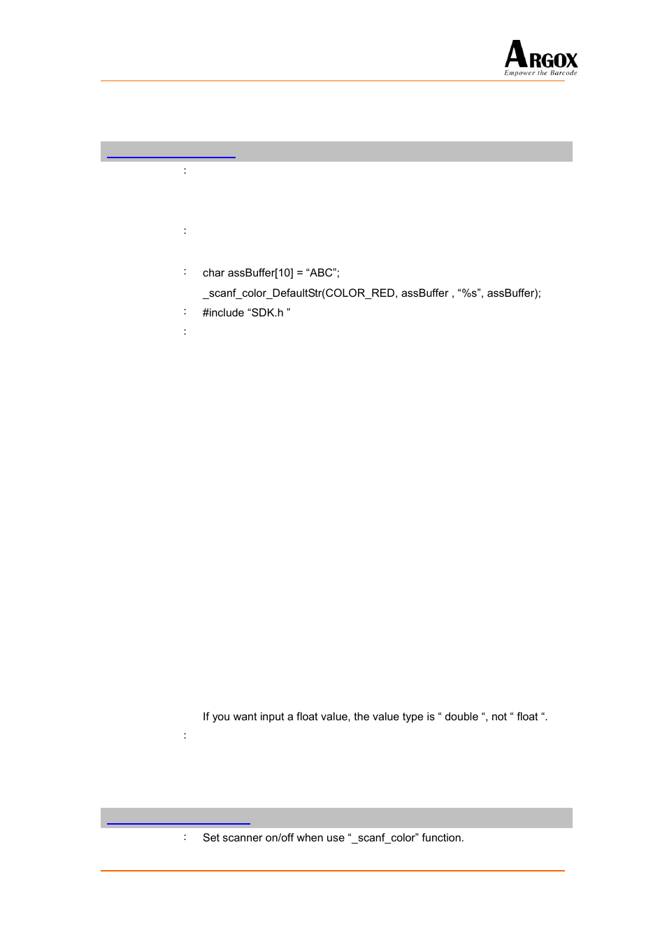 Scanf_color_defaultstr, Scanf_ctrl_scannerstatus | Argox PA-20 Programming Guide User Manual | Page 74 / 130