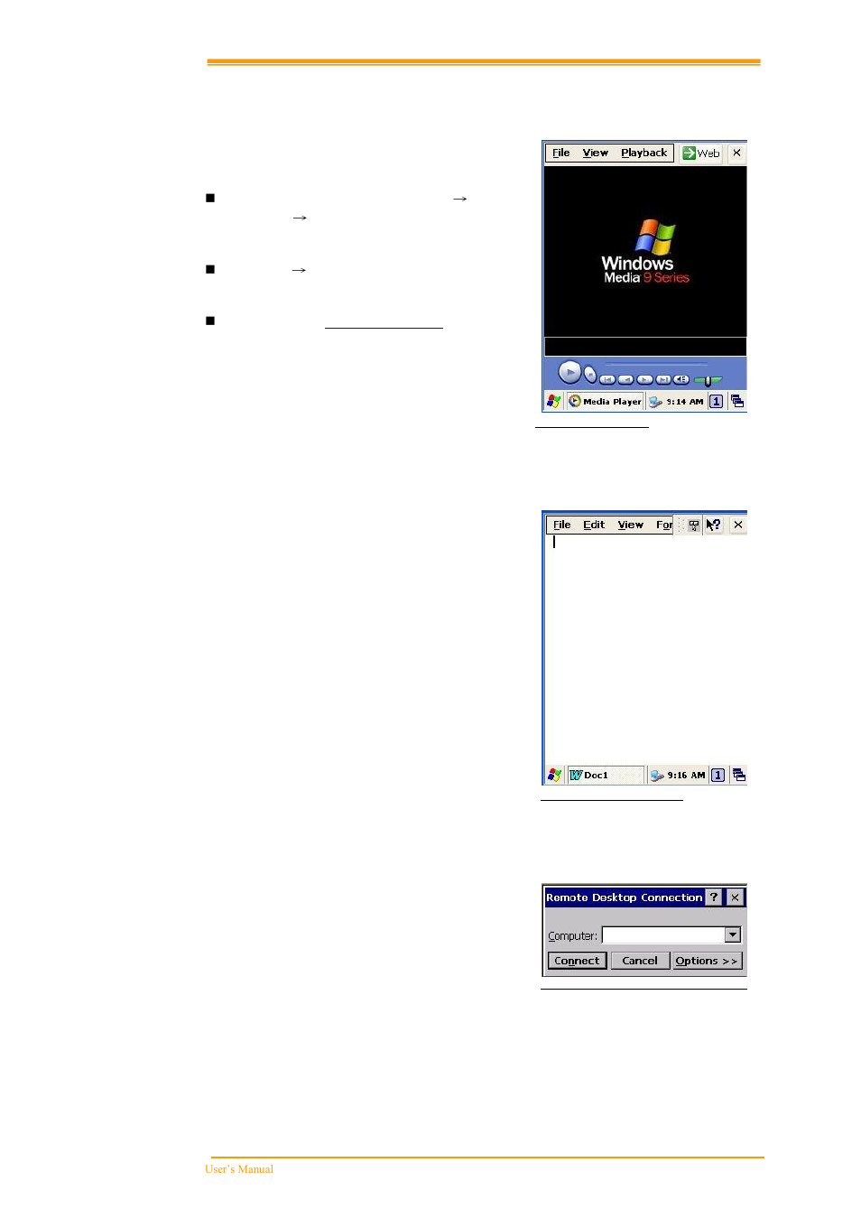 Edia, Layer, Icrosoft | Emote, Esktop, Onnection, 2 media player, 3 microsoft wordpad, 4 remote desktop connection | Argox PT-60 User Manual | Page 55 / 86