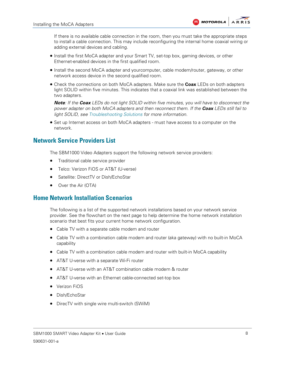 Network service providers list, Home network installation scenarios | ARRIS SBM1000 User Guide User Manual | Page 16 / 82
