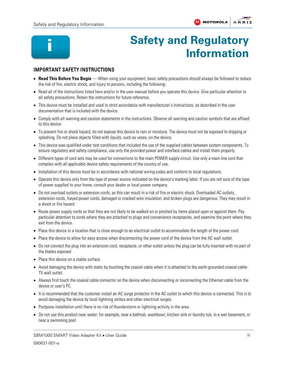 Safety and regulatory information | ARRIS SBM1000 User Guide User Manual | Page 3 / 82