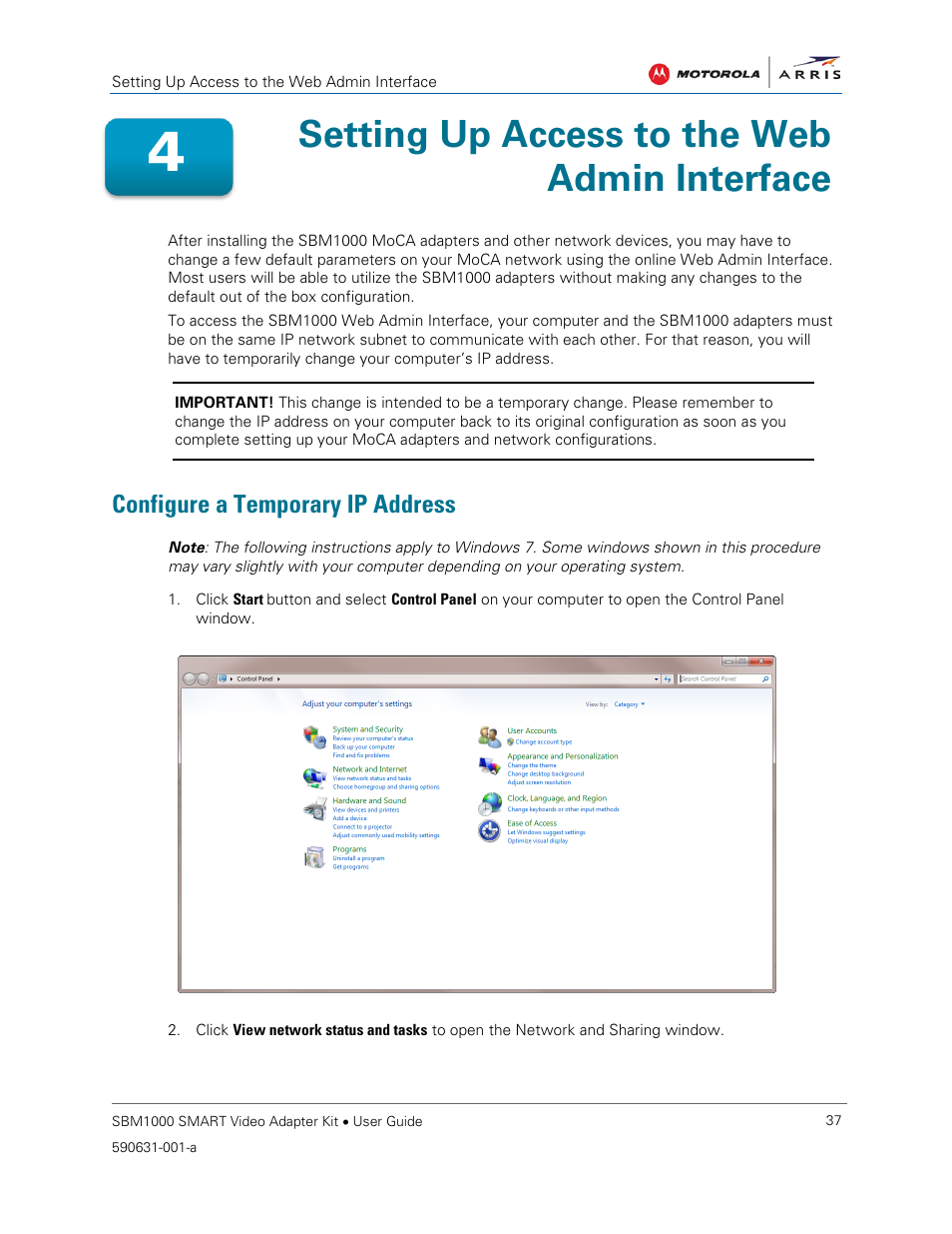 Configure a temporary ip address, Setting up access to the web admin interface | ARRIS SBM1000 User Guide User Manual | Page 45 / 82