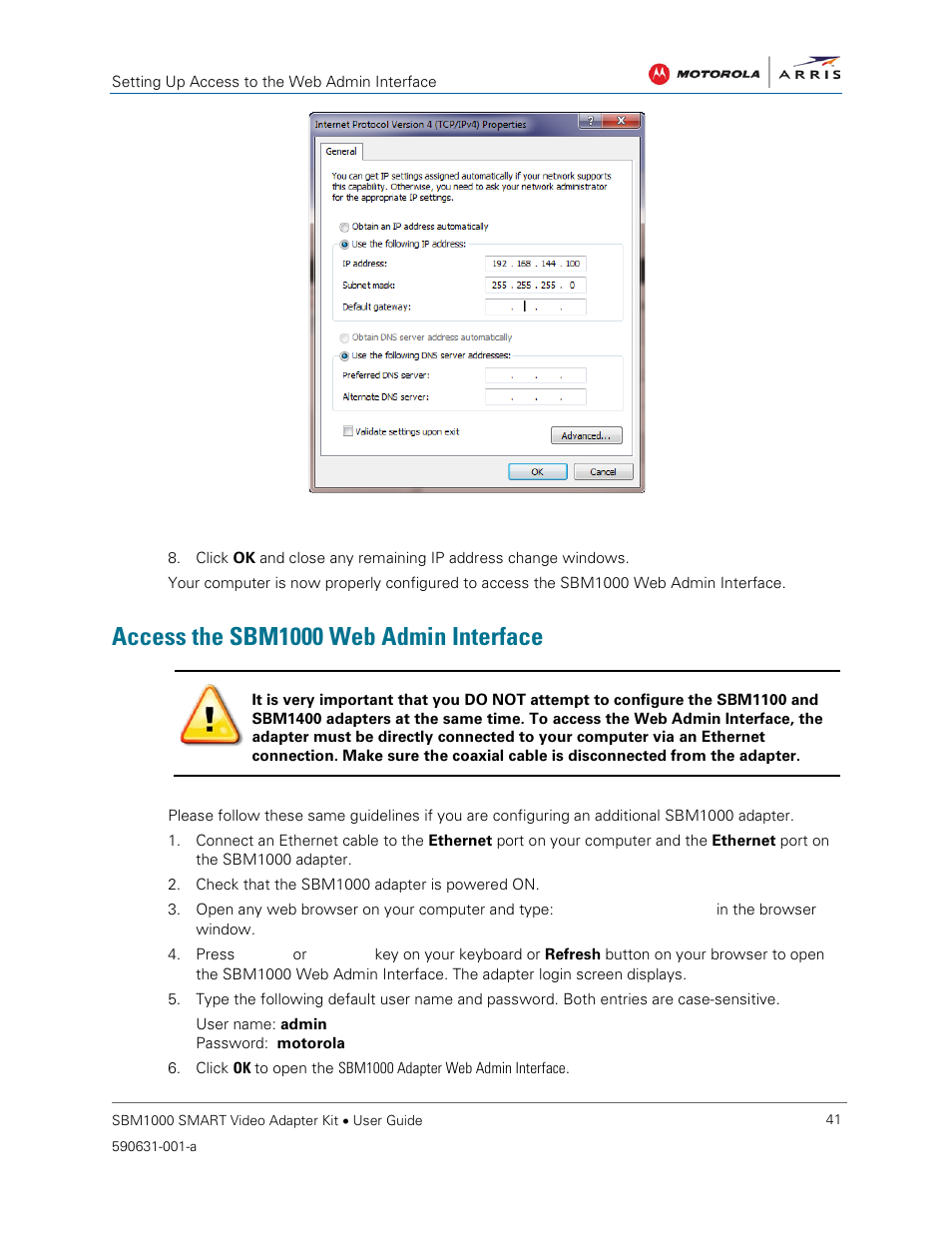 Access the sbm1000 web admin interface | ARRIS SBM1000 User Guide User Manual | Page 49 / 82