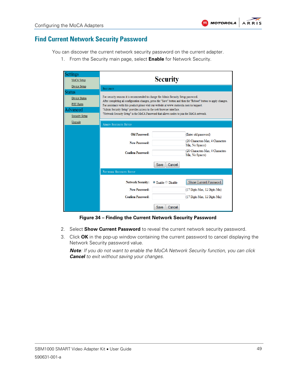 Find current network security password | ARRIS SBM1000 User Guide User Manual | Page 57 / 82