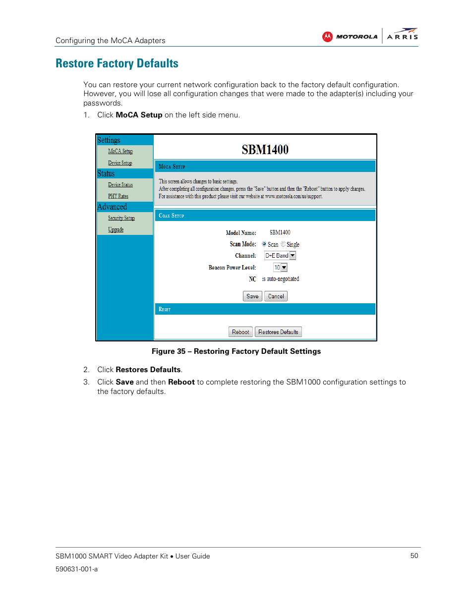 Restore factory defaults, Figure 35 – restoring factory default settings | ARRIS SBM1000 User Guide User Manual | Page 58 / 82