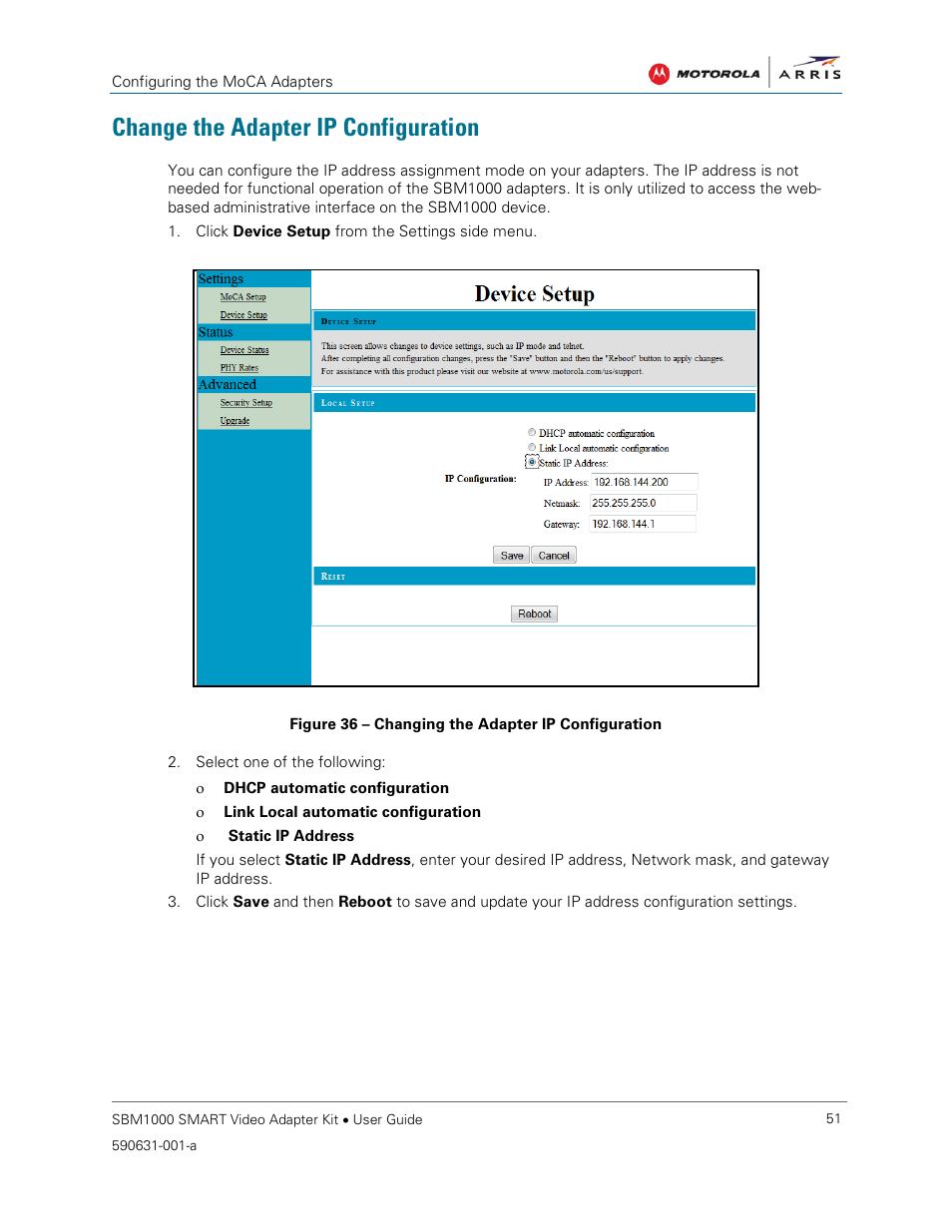 Change the adapter ip configuration, Figure 36 – changing the adapter ip configuration | ARRIS SBM1000 User Guide User Manual | Page 59 / 82