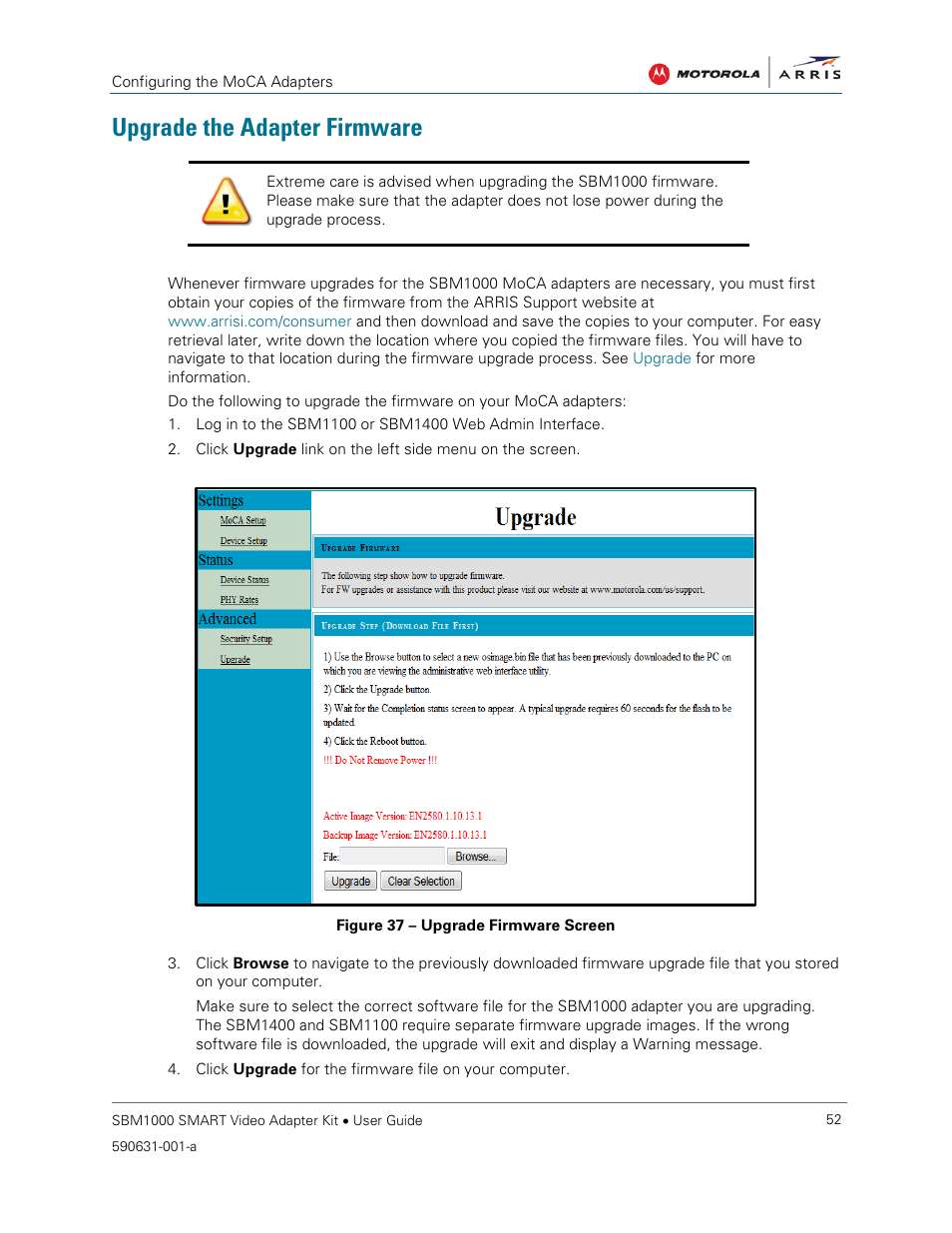 Upgrade the adapter firmware, Figure 37 – upgrade firmware screen | ARRIS SBM1000 User Guide User Manual | Page 60 / 82