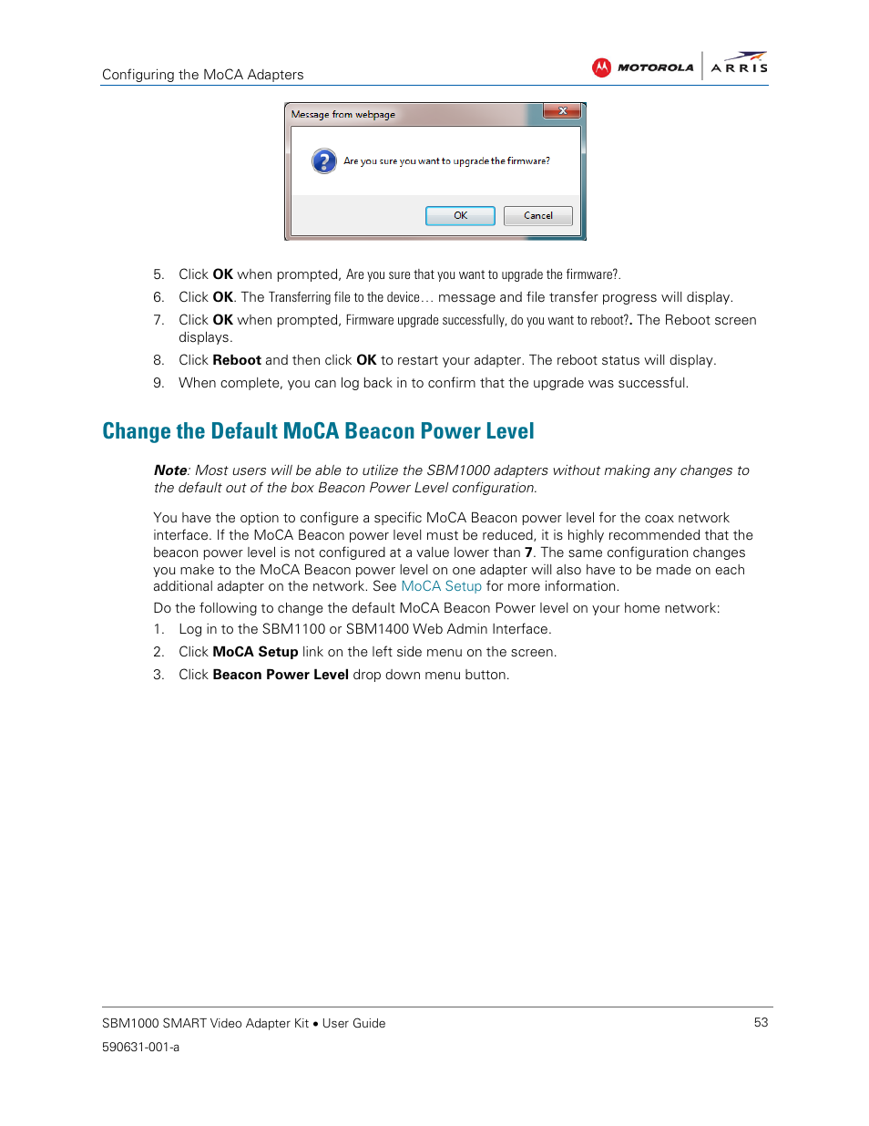 Change the default moca beacon power level | ARRIS SBM1000 User Guide User Manual | Page 61 / 82