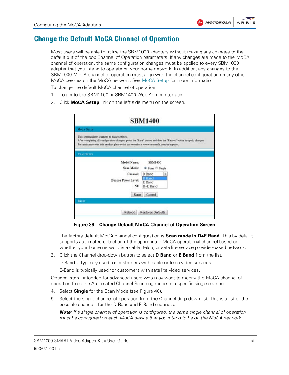 Change the default moca channel of operation | ARRIS SBM1000 User Guide User Manual | Page 63 / 82