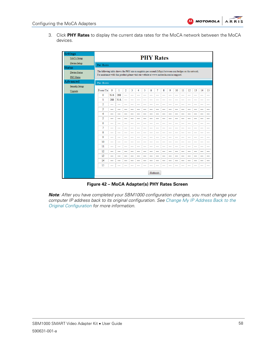 Figure 42 – moca adapter(s) phy rates screen | ARRIS SBM1000 User Guide User Manual | Page 66 / 82