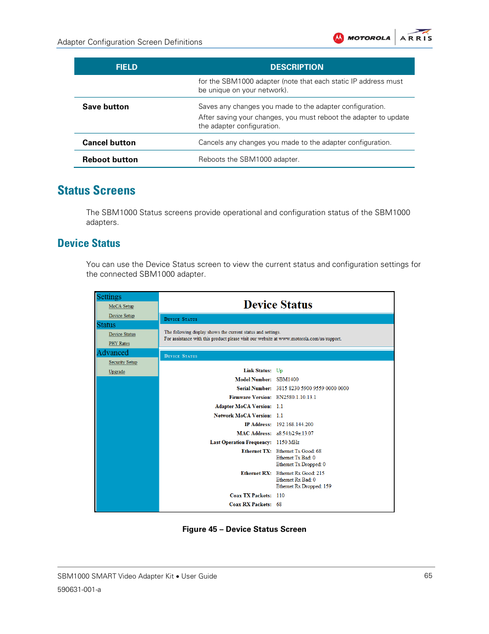 Status screens, Device status, Figure 45 – device status screen | ARRIS SBM1000 User Guide User Manual | Page 73 / 82