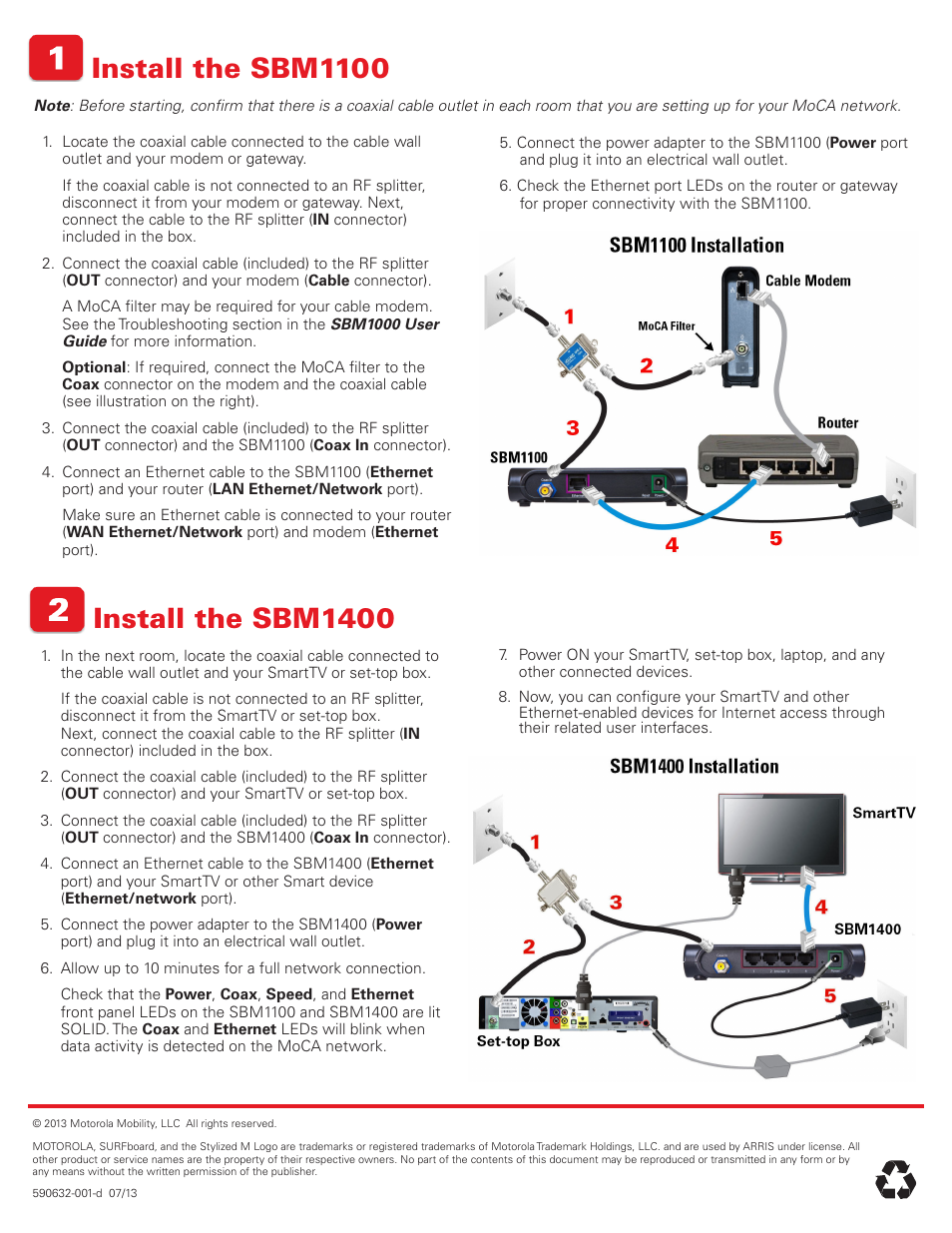 Install the sbm1100, Install the sbm1400 | ARRIS SBM1000 Quick Start Guide User Manual | Page 2 / 2