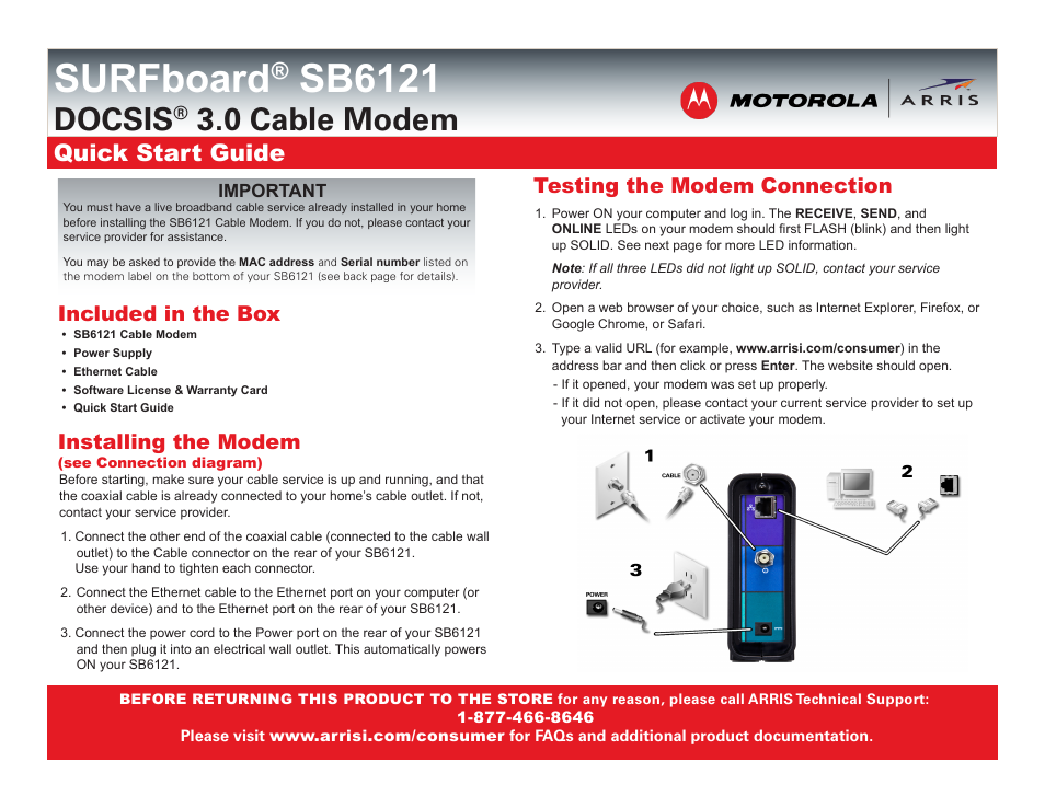 ARRIS SB6121 Quick Start Guide User Manual | 2 pages