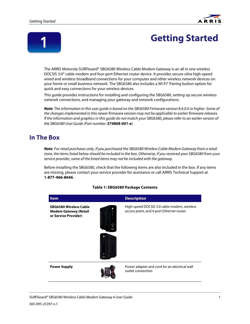 Getting started, In the box, Table 1: sbg6580 package contents | ARRIS SBG6580 User Guide User Manual | Page 12 / 74