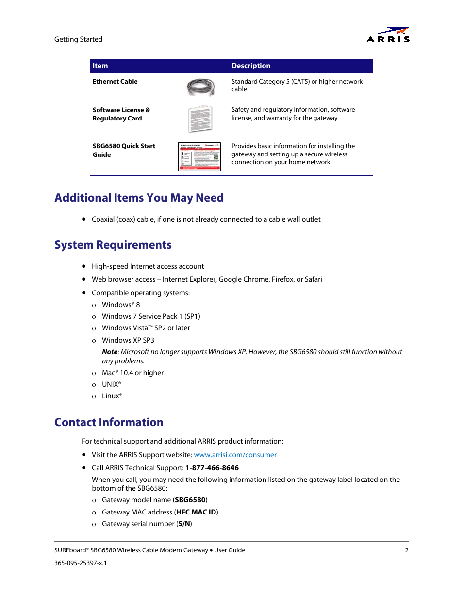 Additional items you may need, System requirements, Contact information | ARRIS SBG6580 User Guide User Manual | Page 13 / 74