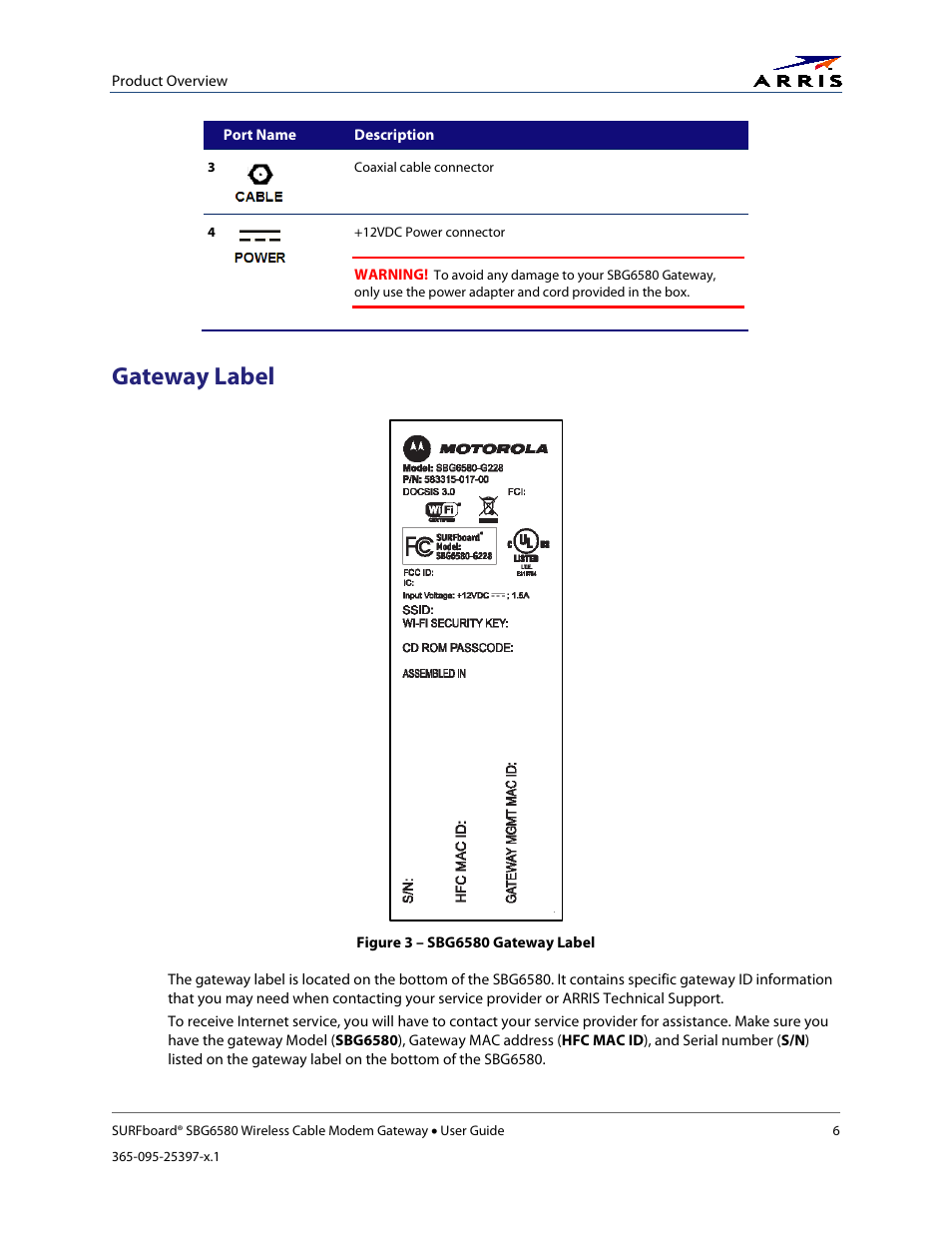 Gateway label, Figure 3 – sbg6580 gateway label | ARRIS SBG6580 User Guide User Manual | Page 17 / 74