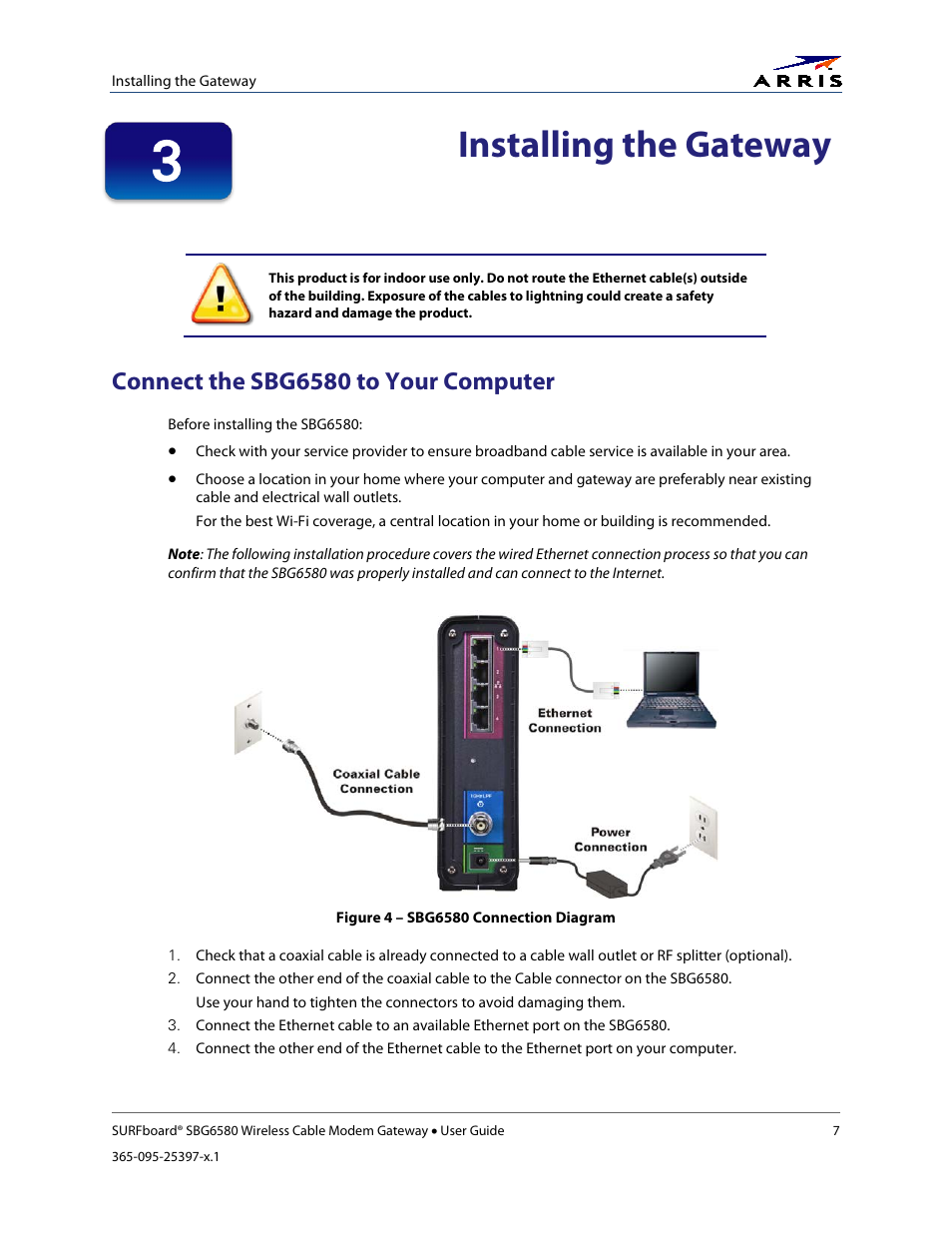 Installing the gateway, Connect the sbg6580 to your computer, Figure 4 – sbg6580 connection diagram | ARRIS SBG6580 User Guide User Manual | Page 18 / 74