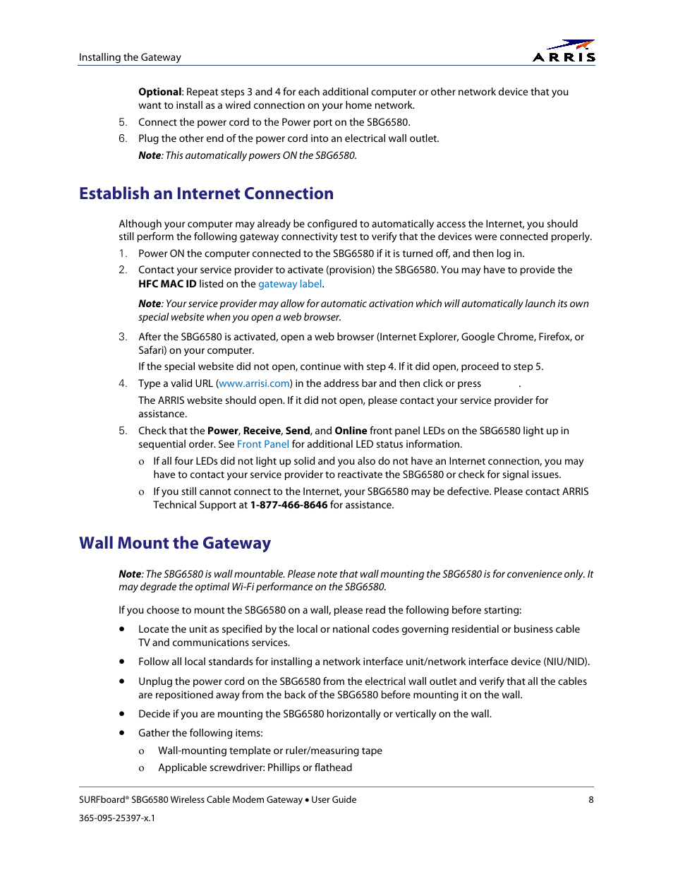Establish an internet connection, Wall mount the gateway | ARRIS SBG6580 User Guide User Manual | Page 19 / 74