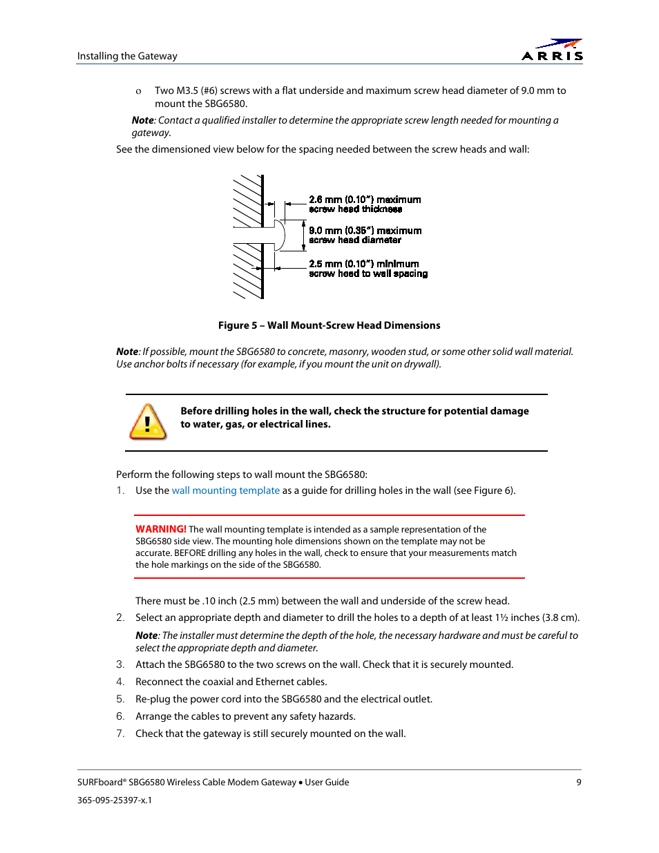 Figure 5 – wall mount-screw head dimensions | ARRIS SBG6580 User Guide User Manual | Page 20 / 74