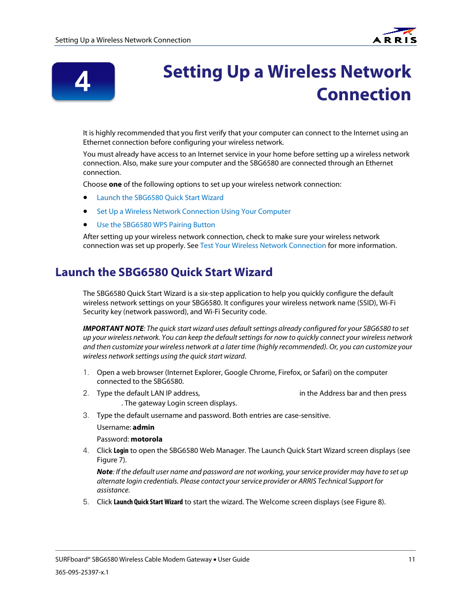 Setting up a wireless network connection, Launch the sbg6580 quick start wizard | ARRIS SBG6580 User Guide User Manual | Page 22 / 74