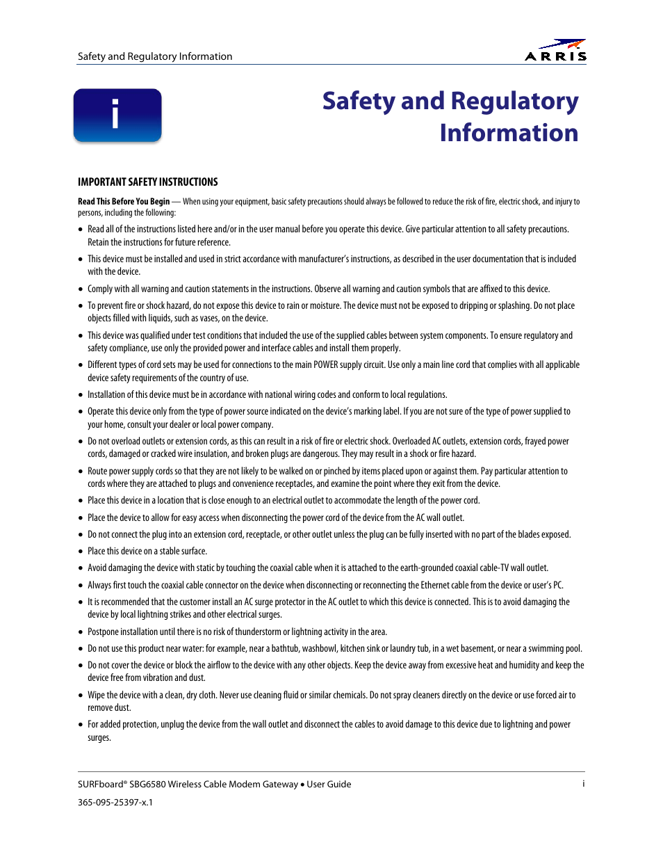 Safety and regulatory information | ARRIS SBG6580 User Guide User Manual | Page 3 / 74