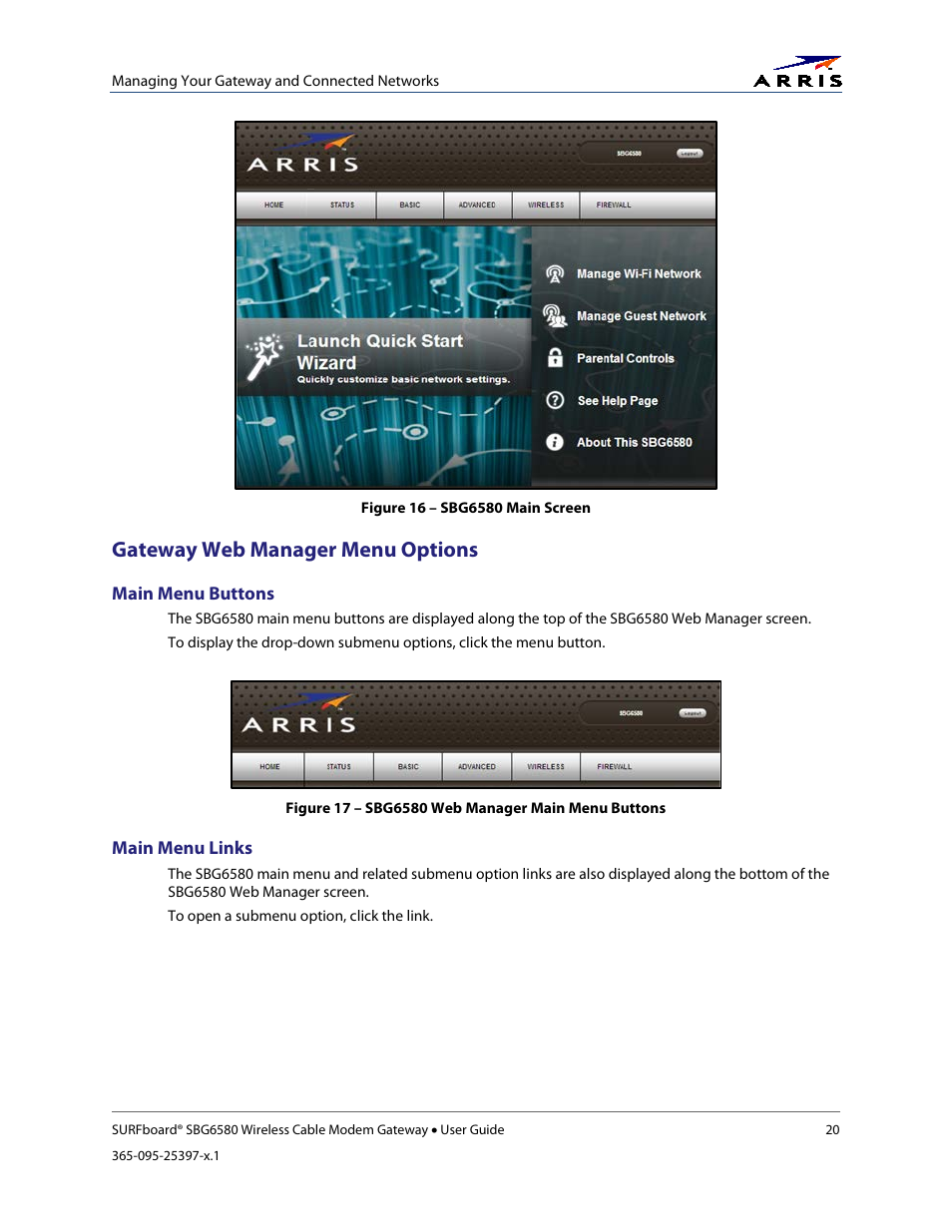 Gateway web manager menu options, Figure 16 – sbg6580 main screen, Figure 17 – sbg6580 web manager main menu buttons | ARRIS SBG6580 User Guide User Manual | Page 31 / 74