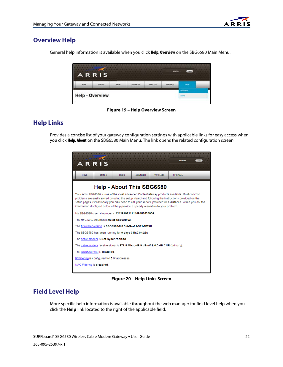 Overview help, Help links, Field level help | Figure 19 – help overview screen, Figure 20 – help links screen | ARRIS SBG6580 User Guide User Manual | Page 33 / 74