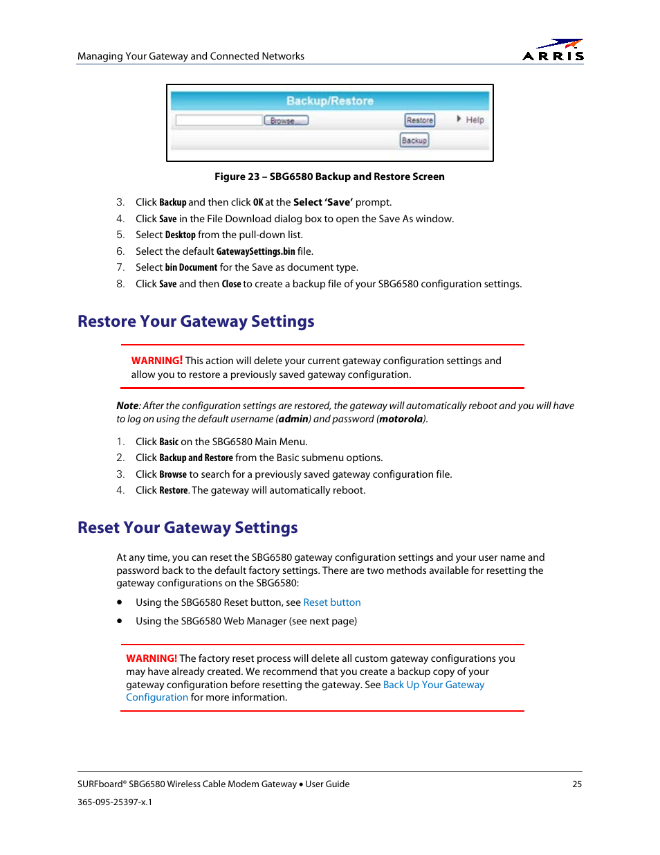 Restore your gateway settings, Reset your gateway settings, Figure 23 – sbg6580 backup and restore screen | ARRIS SBG6580 User Guide User Manual | Page 36 / 74