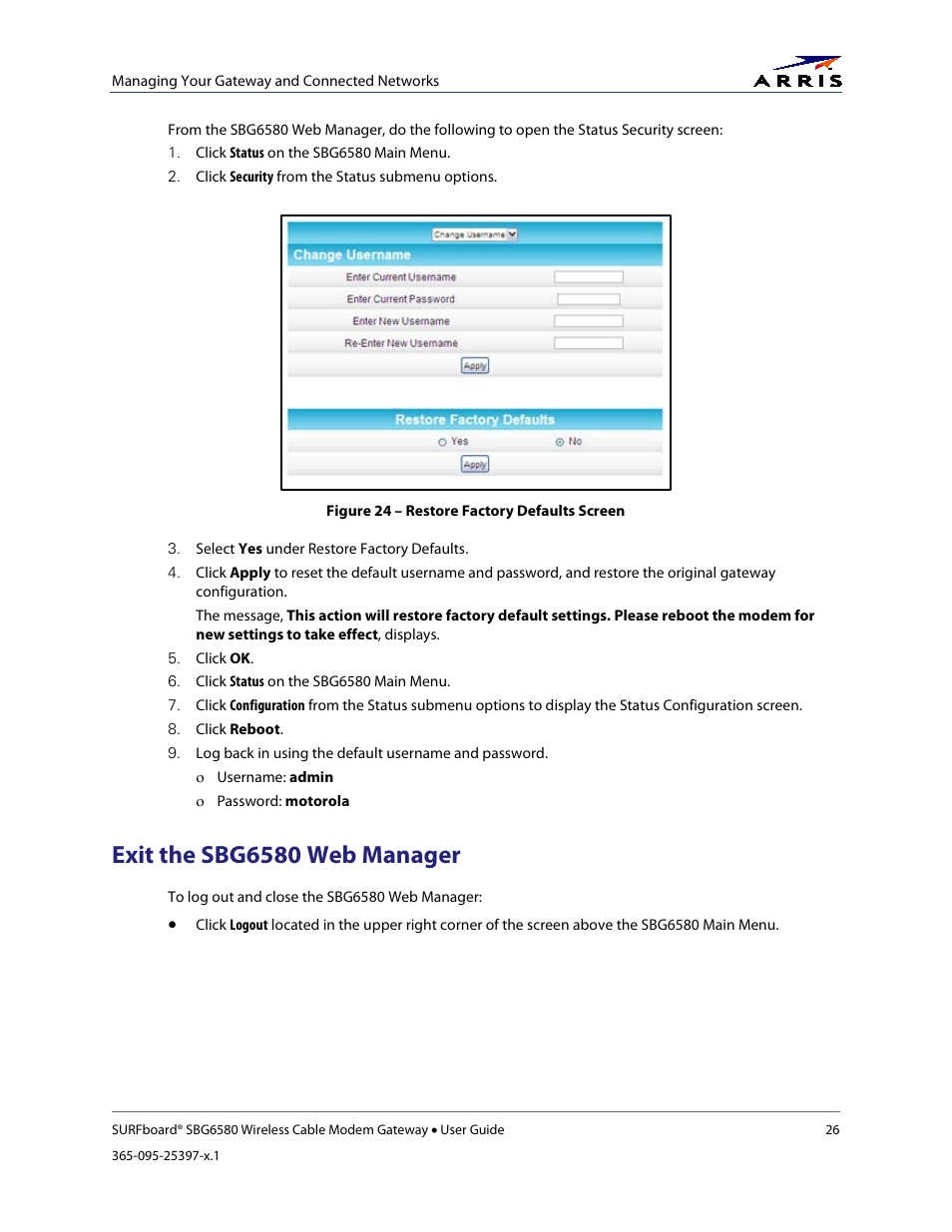 Exit the sbg6580 web manager, Figure 24 – restore factory defaults screen | ARRIS SBG6580 User Guide User Manual | Page 37 / 74