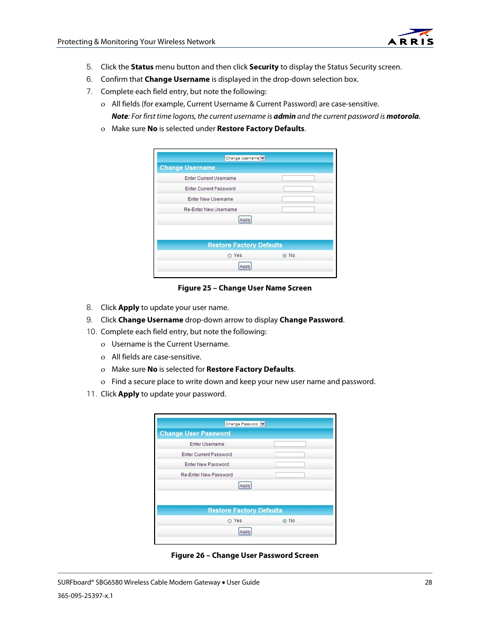 Figure 25 – change user name screen, Figure 26 – change user password screen | ARRIS SBG6580 User Guide User Manual | Page 39 / 74