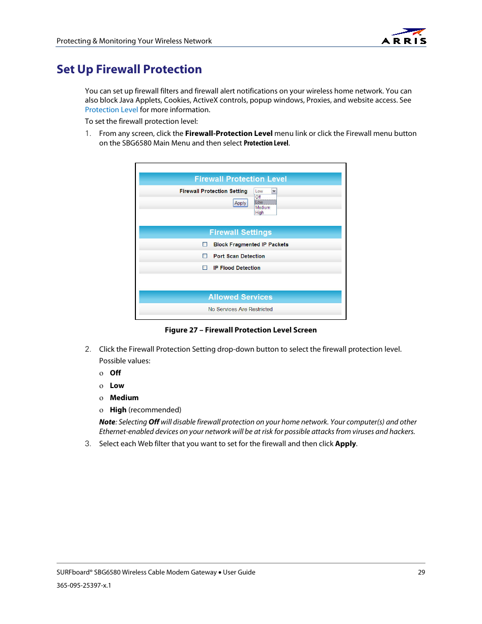 Set up firewall protection, Figure 27 – firewall protection level screen | ARRIS SBG6580 User Guide User Manual | Page 40 / 74