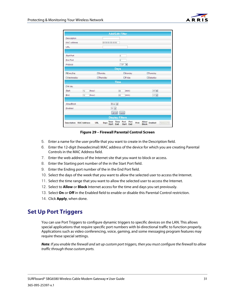Set up port triggers, Figure 29 – firewall parental control screen | ARRIS SBG6580 User Guide User Manual | Page 42 / 74