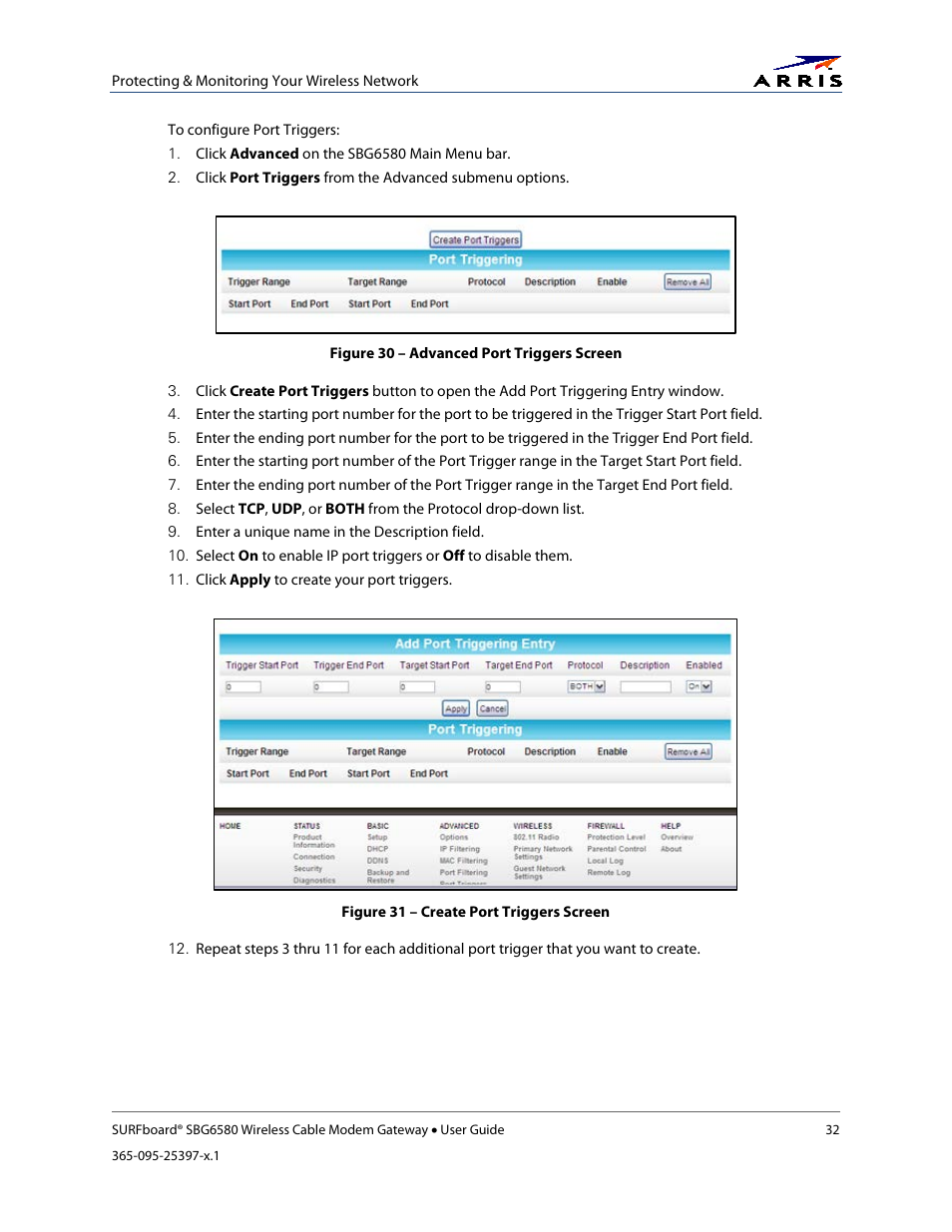 Figure 30 – advanced port triggers screen, Figure 31 – create port triggers screen | ARRIS SBG6580 User Guide User Manual | Page 43 / 74