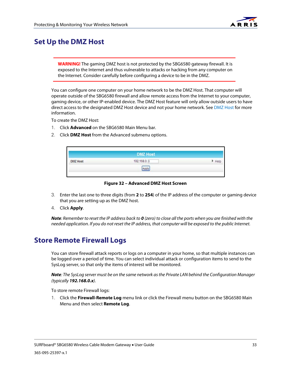 Set up the dmz host, Store remote firewall logs, Figure 32 – advanced dmz host screen | ARRIS SBG6580 User Guide User Manual | Page 44 / 74