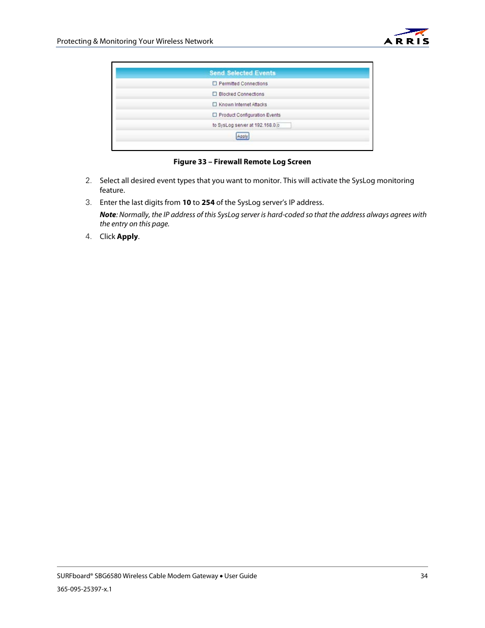 Figure 33 – firewall remote log screen | ARRIS SBG6580 User Guide User Manual | Page 45 / 74