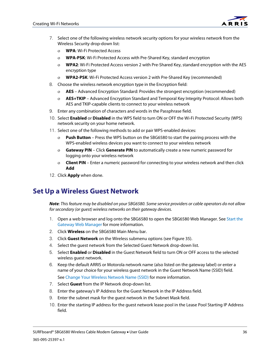 Set up a wireless guest network | ARRIS SBG6580 User Guide User Manual | Page 47 / 74