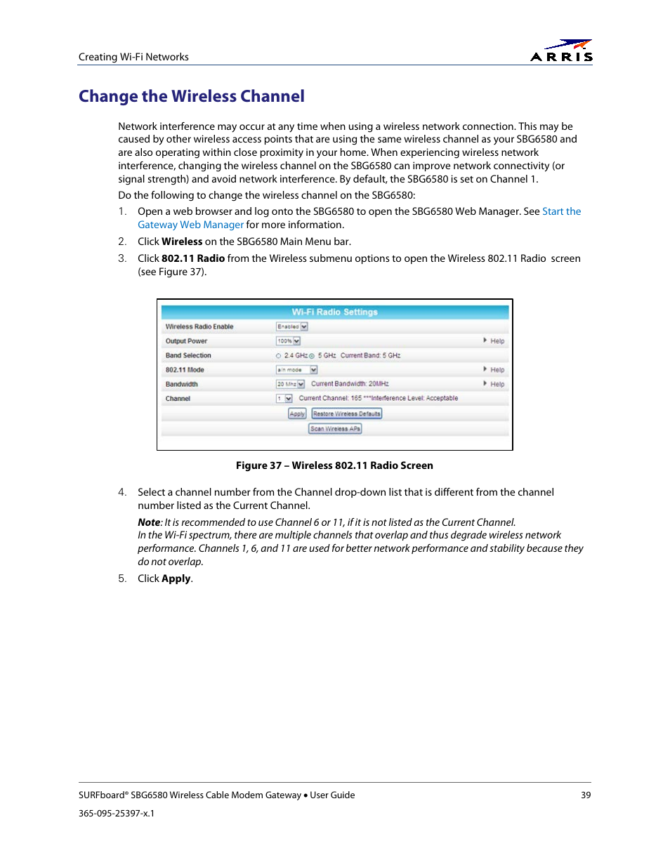 Change the wireless channel, Figure 37 – wireless 802.11 radio screen | ARRIS SBG6580 User Guide User Manual | Page 50 / 74