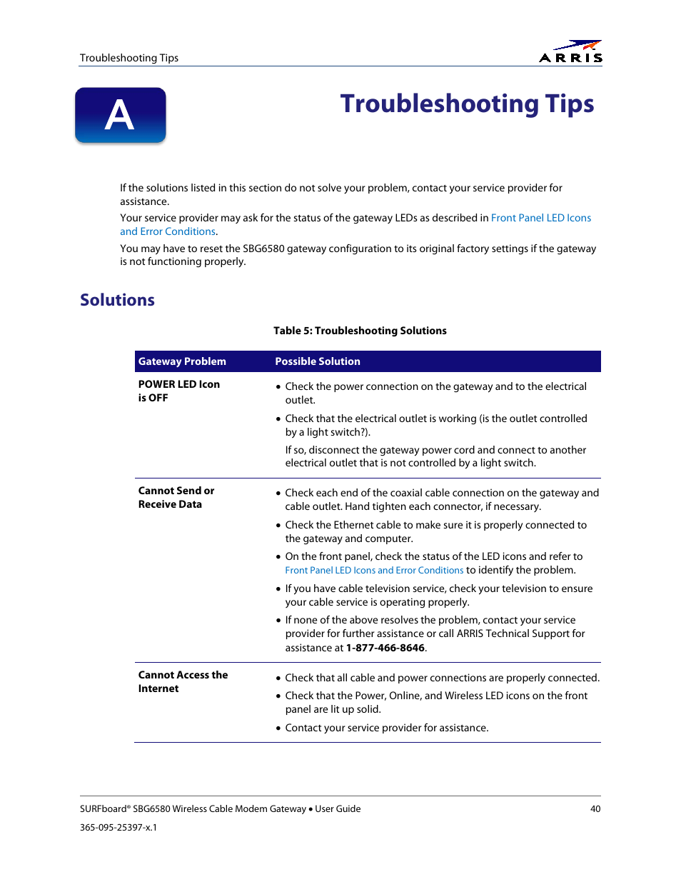 Troubleshooting tips, Solutions, Table 5: troubleshooting solutions | ARRIS SBG6580 User Guide User Manual | Page 51 / 74