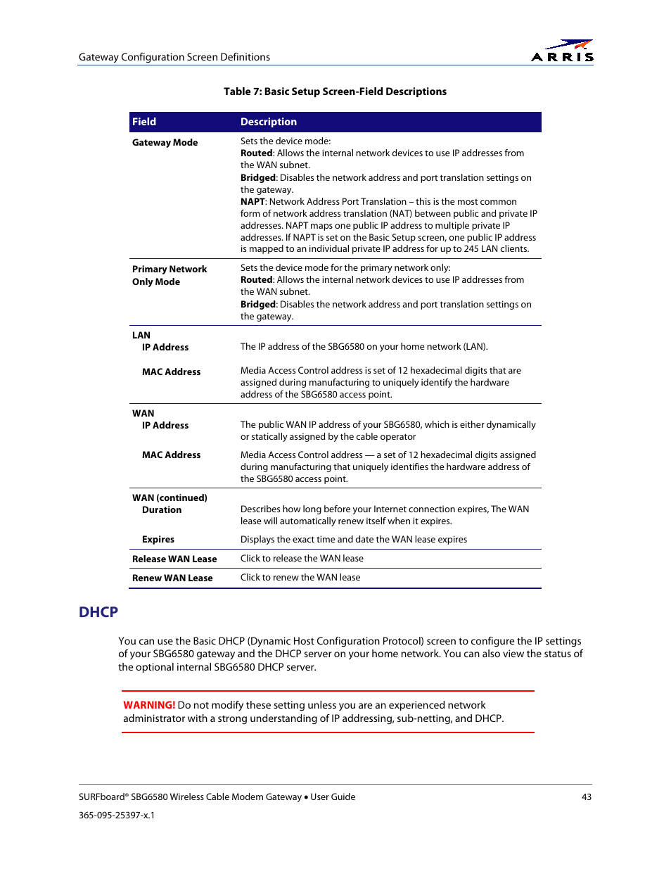 Dhcp, Table 7: basic setup screen-field descriptions | ARRIS SBG6580 User Guide User Manual | Page 54 / 74