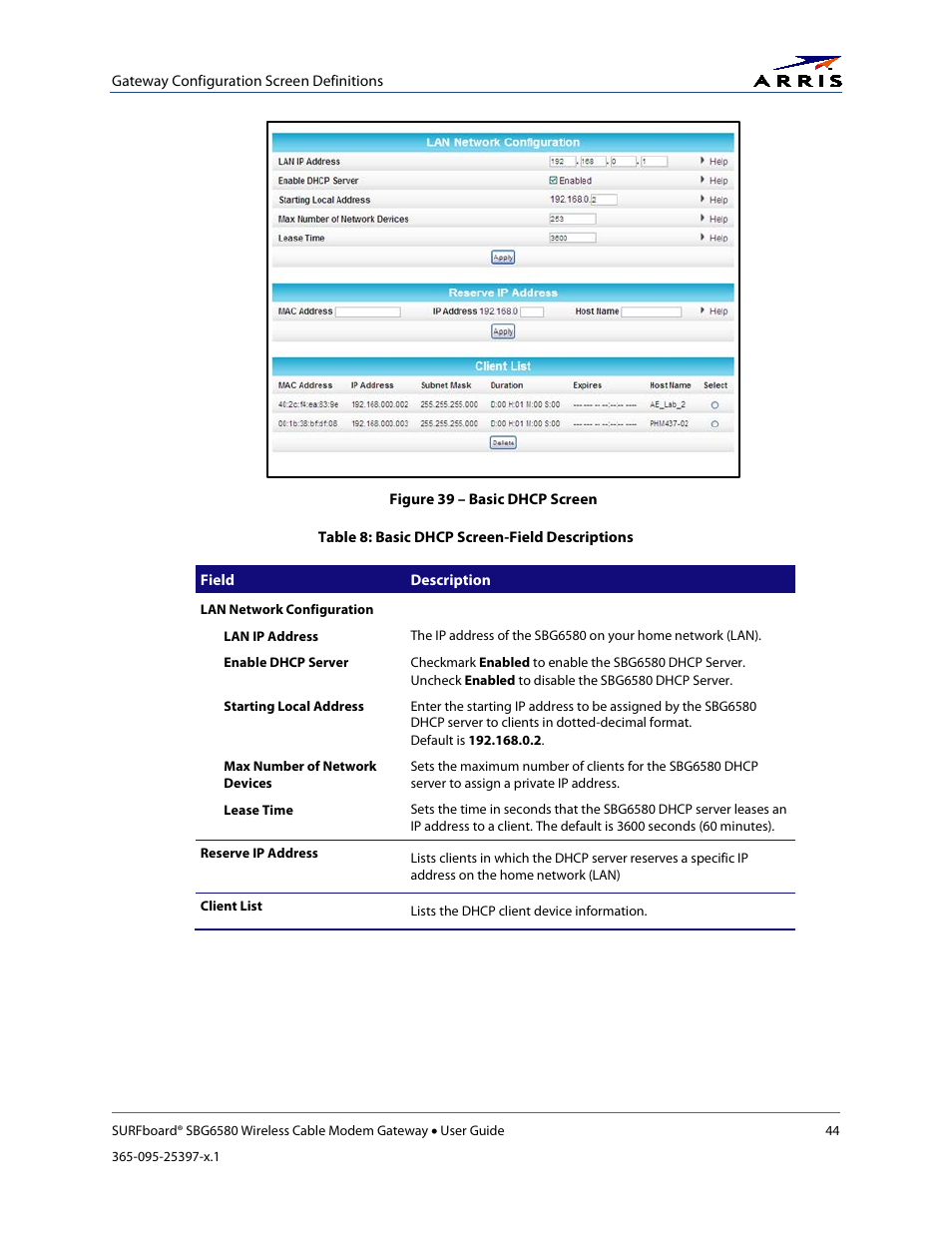 Table 8: basic dhcp screen-field descriptions, Figure 39 – basic dhcp screen | ARRIS SBG6580 User Guide User Manual | Page 55 / 74